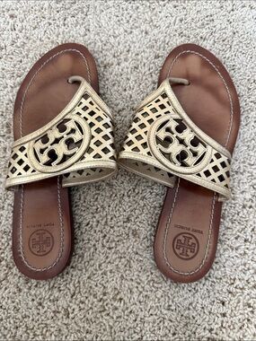 Tory Burch Metallic Gold Cutout Leather Slide Sandals